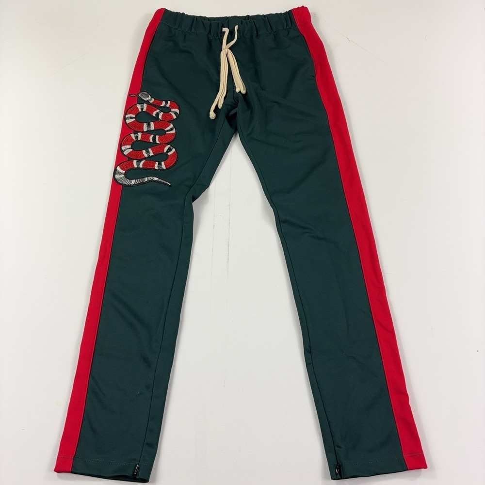 EPTM Mens Large Green Red King Snake Embroidered Track Pants Ankle Zip USA Made